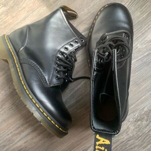 Dr. Martens Black Leather Lace-Up Combat Boots with Yellow Stitching